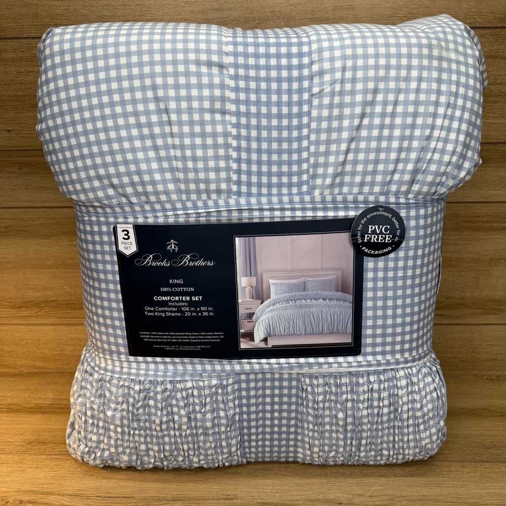 Brooks Brothers King Comforter Set 3 Pc Blue White Gingham Crinkled 100% Cotton